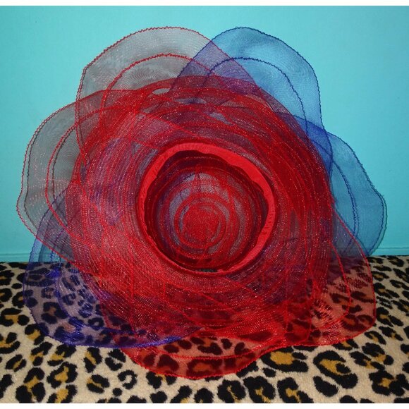 Vintage Purple & Red Sheer Wide Brim Sun Hat summer church hat pinup retro glam